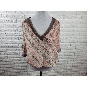 Ana Womens XL Brown Watercolor Crochet Trim V-Neck Short Sleeve Blouse WAT29XE
